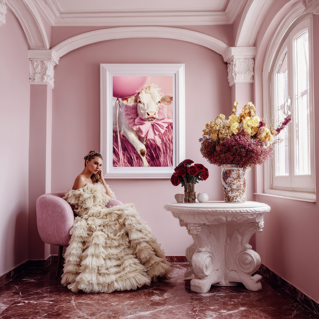 Pasture Princess wall art poster – Fashionable calf in pink couture set against a soft meadow backdrop, elegant and whimsical animal artwork for modern decor