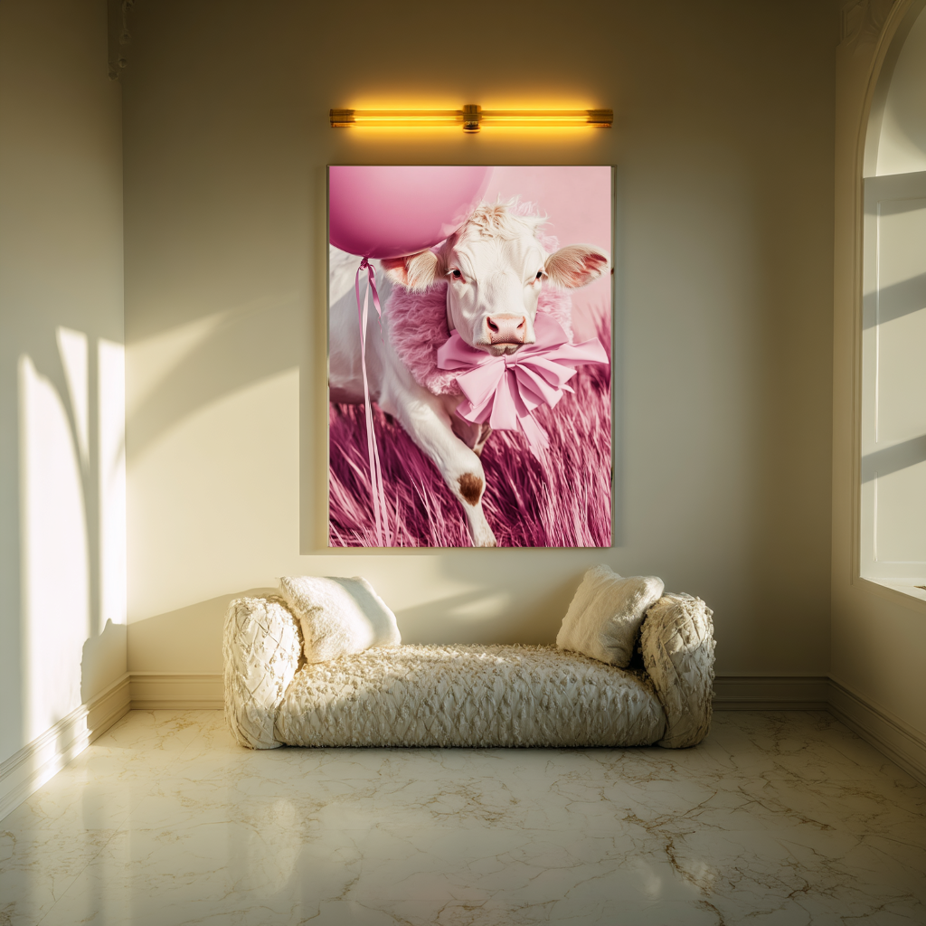 Pasture Princess wall art poster – Fashionable calf in pink couture set against a soft meadow backdrop, elegant and whimsical animal artwork for modern decor