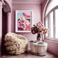 Runaway Ruffles wall art poster – Adorable pink calf in ruffled fashion attire, whimsical and stylish animal artwork for playful and feminine interiors