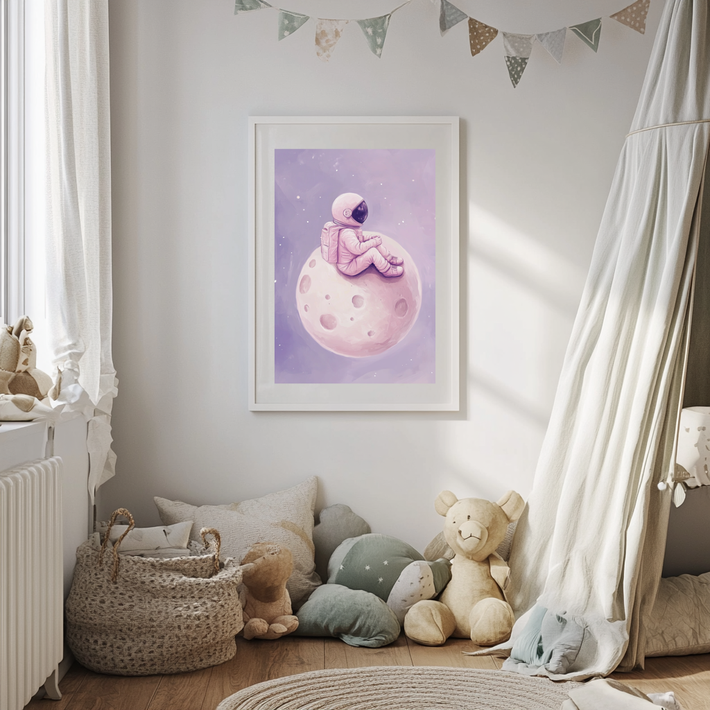 Pink Astronaut Sitting on Moon – Dreamy Space Nursery Wall Art Poster