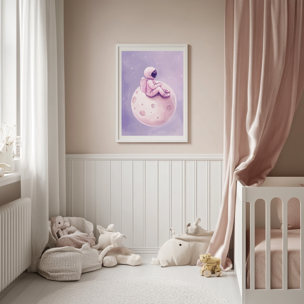 Pink Astronaut Sitting on Moon – Dreamy Space Nursery Wall Art Poster