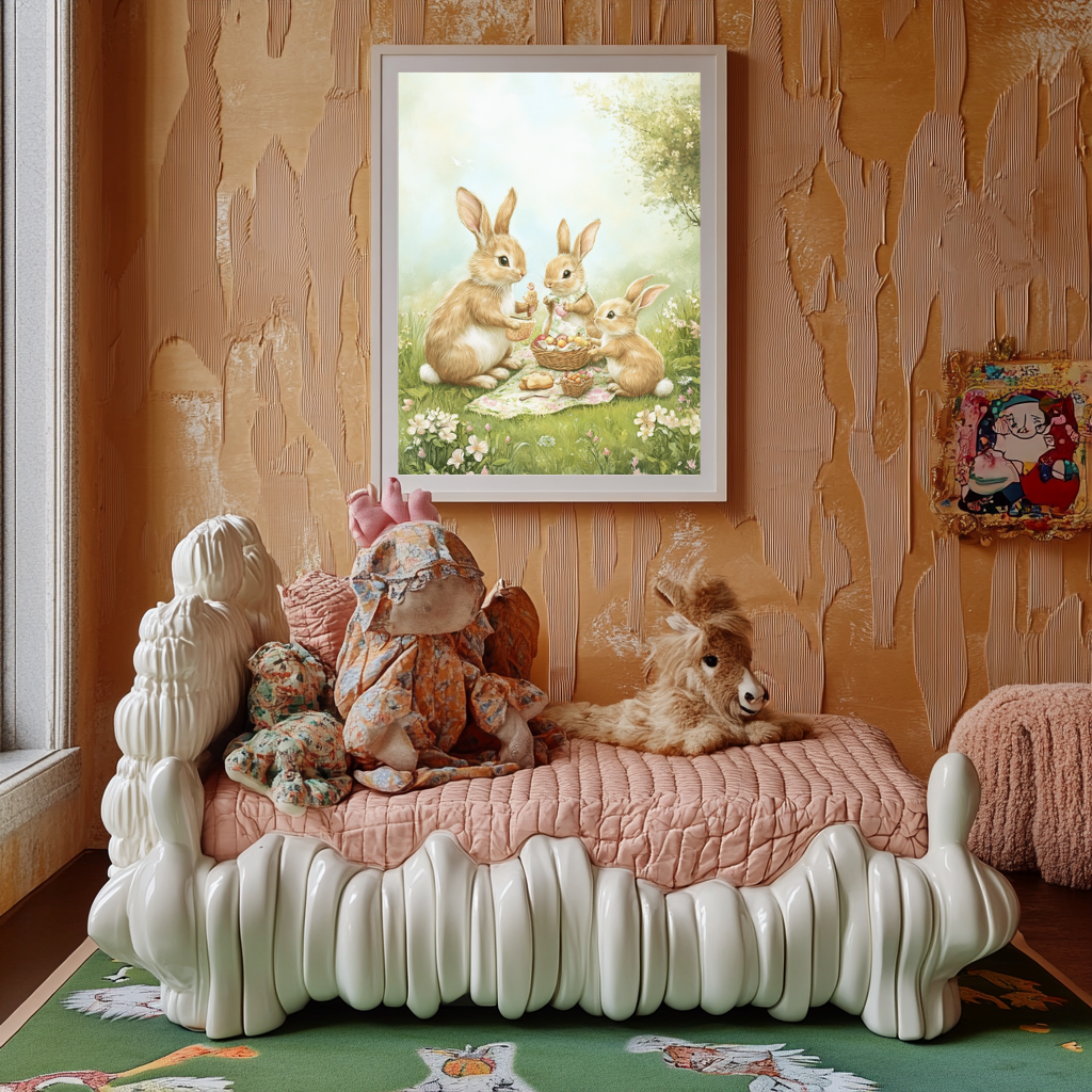 Bunny Brunch – Rabbit Picnic Meadow Wall Art Poster