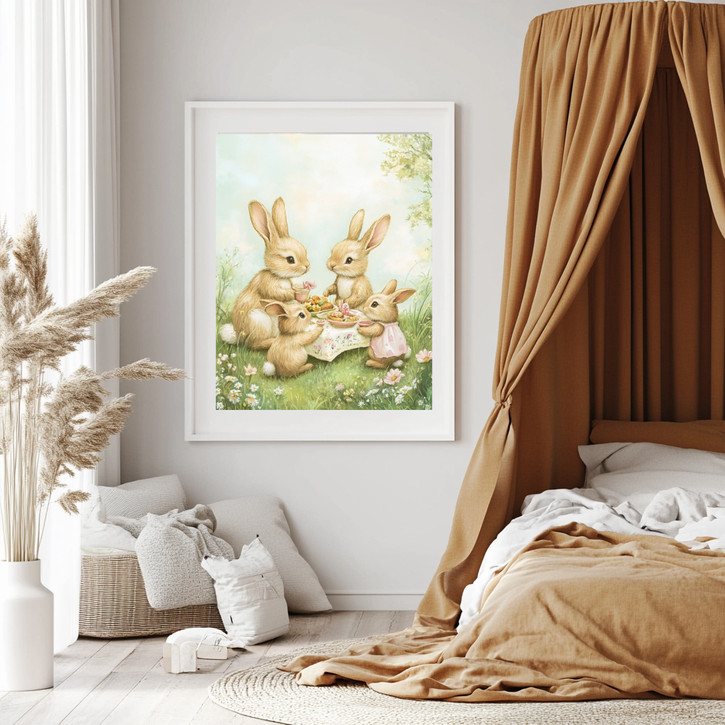 Bunny Picnic – Rabbit Family Tea Party Wall Art Poster