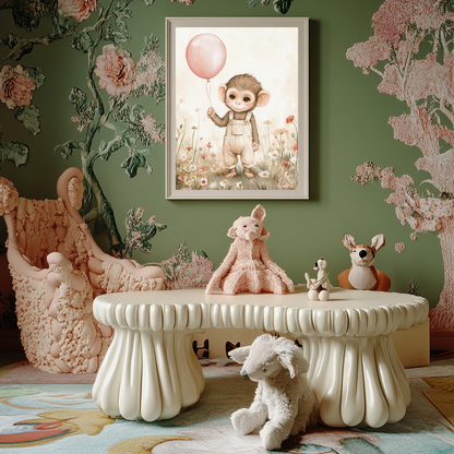 Monkey Joy – Baby Chimp with Balloon Nursery Wall Art Poster