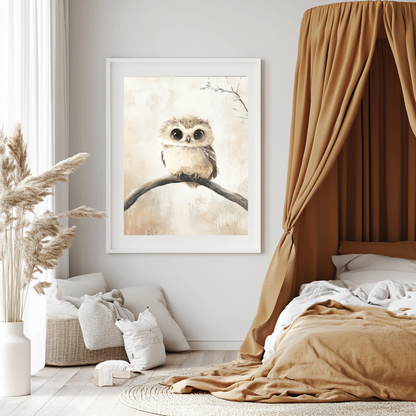 Moonlit Eyes – Sepia Baby Owl Wall Art Poster