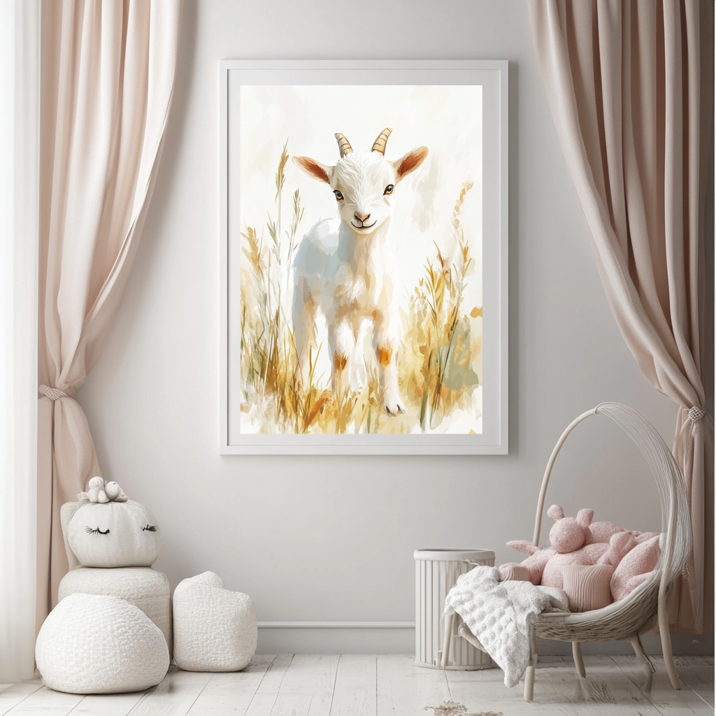 Golden Stroll – Baby Goat in Field Wall Art Poster