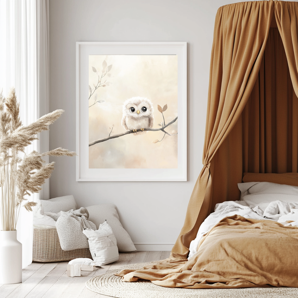 Featherlight Gaze – Soft Baby Owl Wall Art Poster