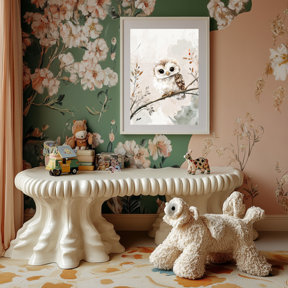 Wise Whisper – Baby Owl on Branch Wall Art Poster