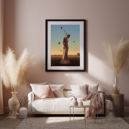 Becoming Light – Woman Dissolving into Butterflies Wall Art Poster