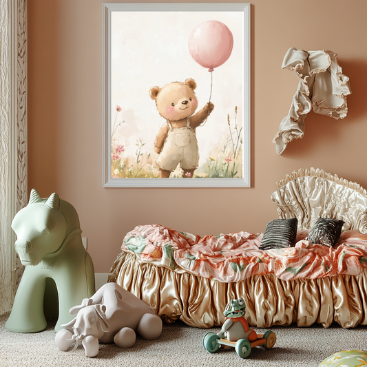 Joyful Bear – Pink Balloon Nursery Wall Art Poster