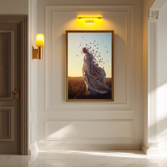 Winds of Becoming – Woman in Flight with Butterflies Wall Art Poster