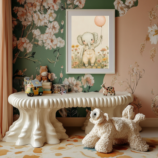 Playful Elephant – Pink Balloon Nursery Wall Art Poster