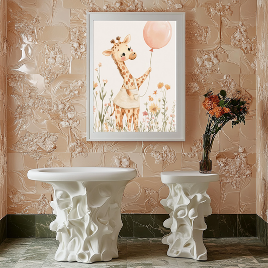 Lovely Giraffe Girl – Pink Balloon Nursery Wall Art Poster