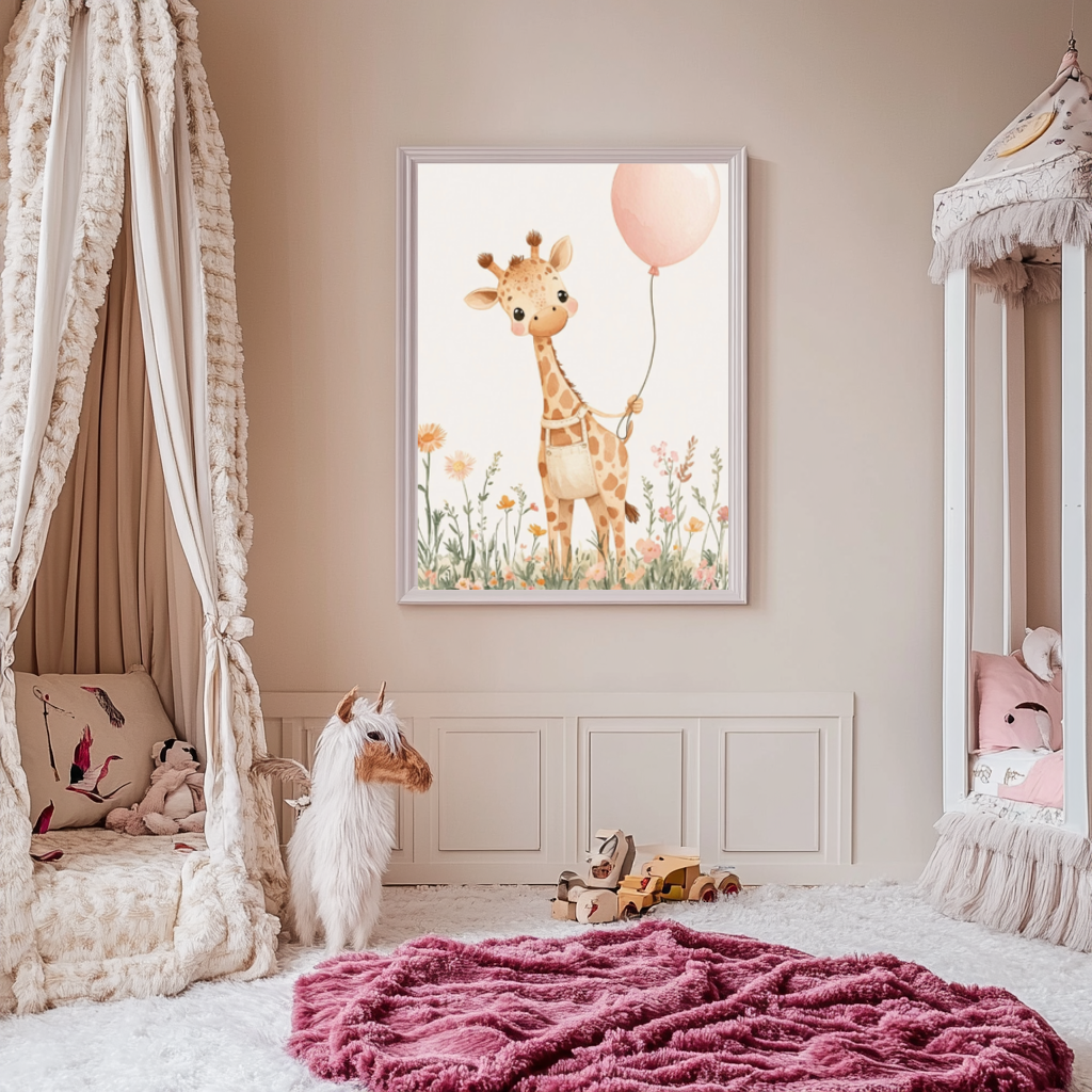 Gentle Giraffe – Pink Balloon Nursery Wall Art Poster