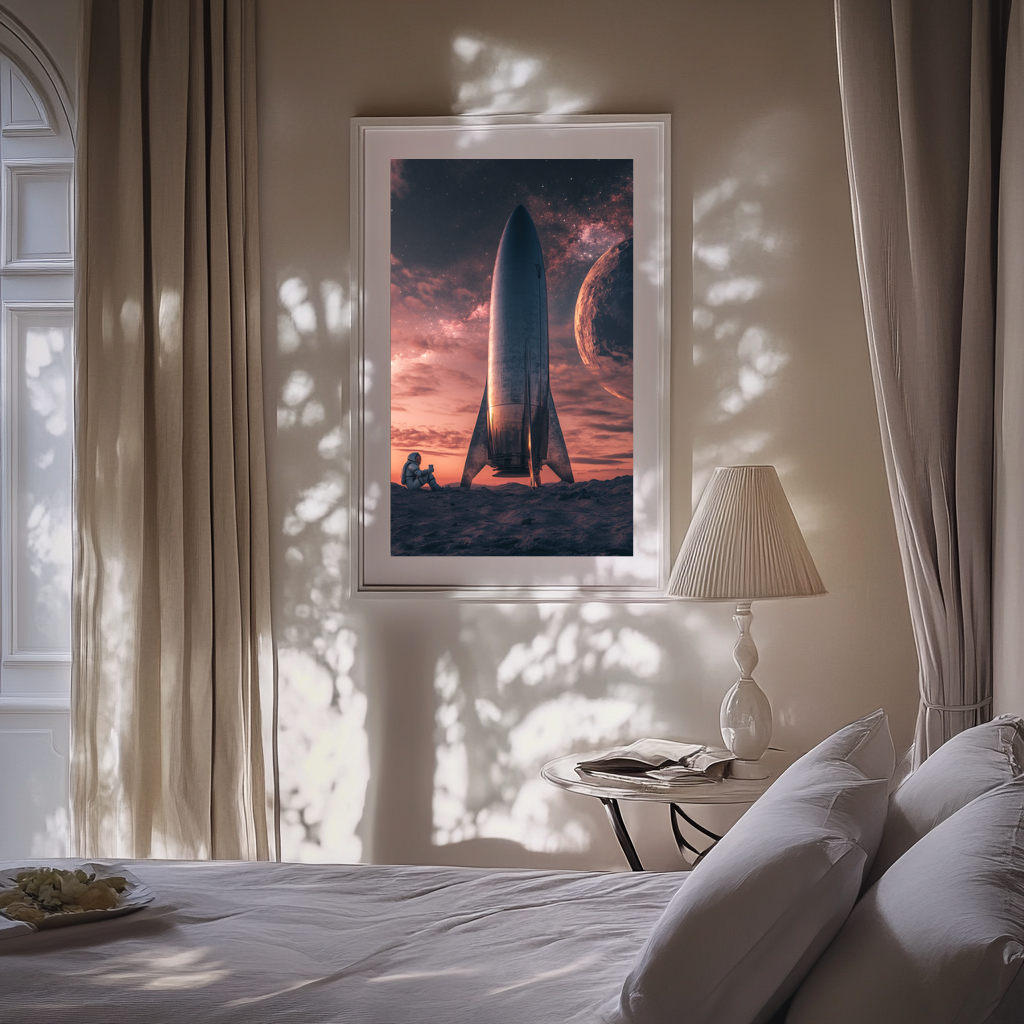 Liftoff Reflection – Astronaut & Rocket at Dusk Wall Art