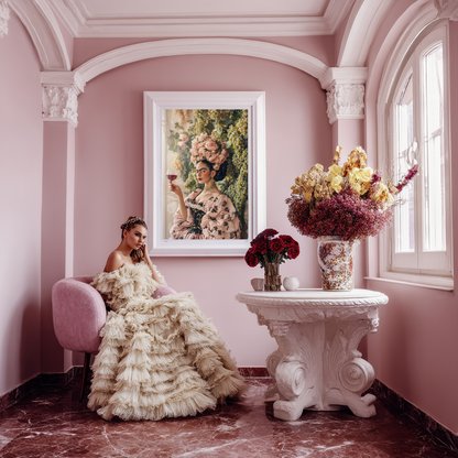 Divine Harvest – Baroque Muse with Grapes & Roses Wall Art Poster