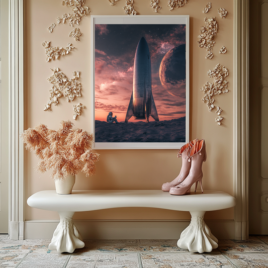 Liftoff Reflection – Astronaut & Rocket at Dusk Wall Art