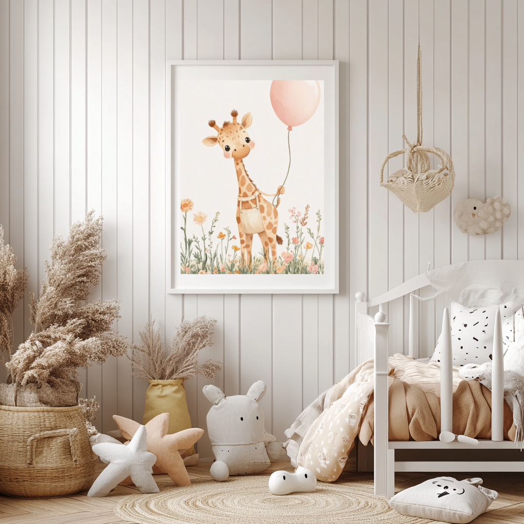 Gentle Giraffe – Pink Balloon Nursery Wall Art Poster