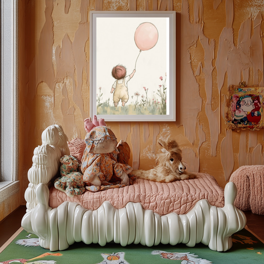 Little Explorer – Boy with Pink Balloon Nursery Wall Art Poster