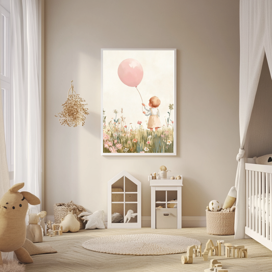 Blush Girl with Balloon – Floral Meadow Nursery Wall Art Poster