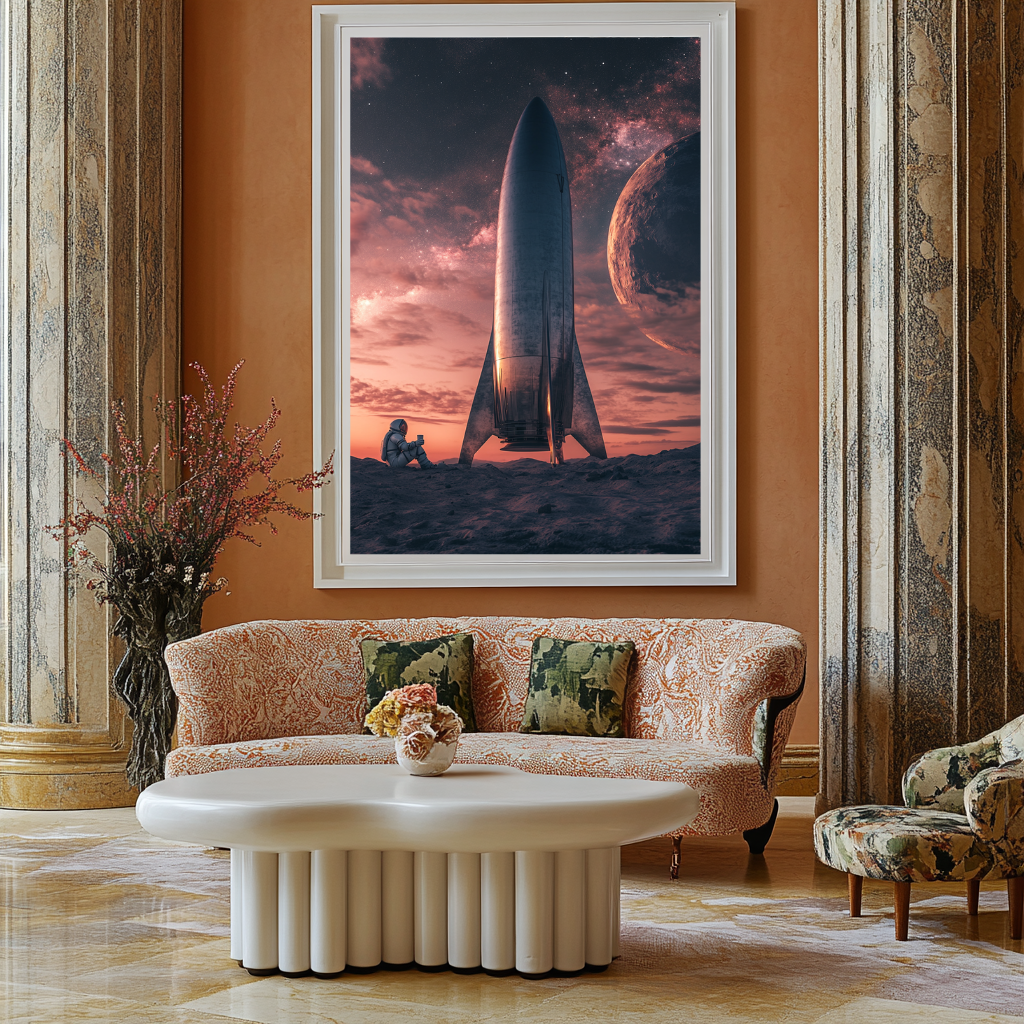 Liftoff Reflection – Astronaut & Rocket at Dusk Wall Art