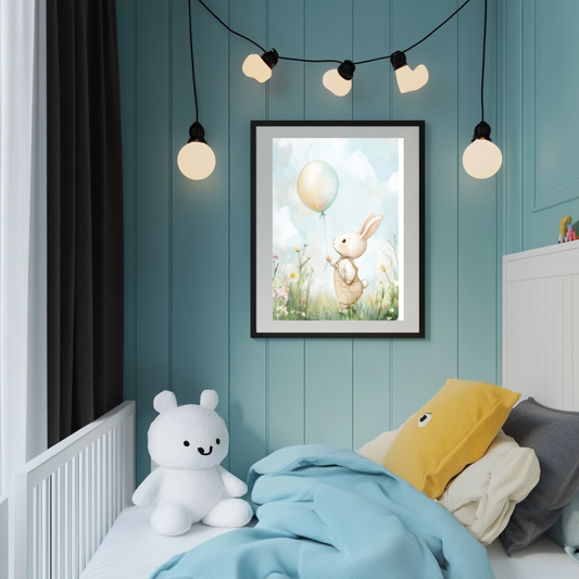 Bunny with Balloon – Whimsical Rabbit Nursery Wall Art Print