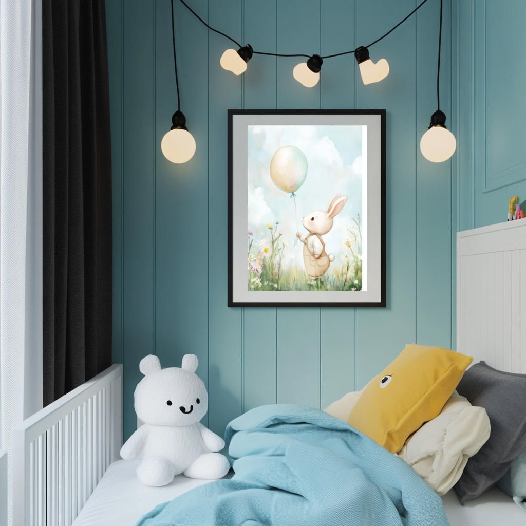 Bunny with Balloon – Whimsical Rabbit Nursery Wall Art Print