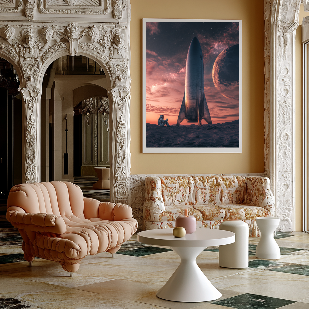 Liftoff Reflection – Astronaut & Rocket at Dusk Wall Art