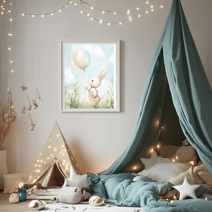 Bunny with Balloon – Whimsical Rabbit Nursery Wall Art Print