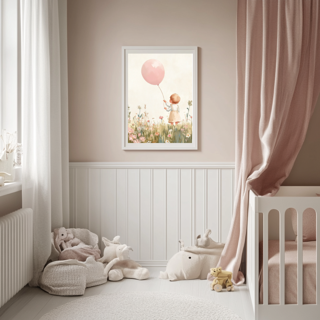 Blush Girl with Balloon – Floral Meadow Nursery Wall Art Poster