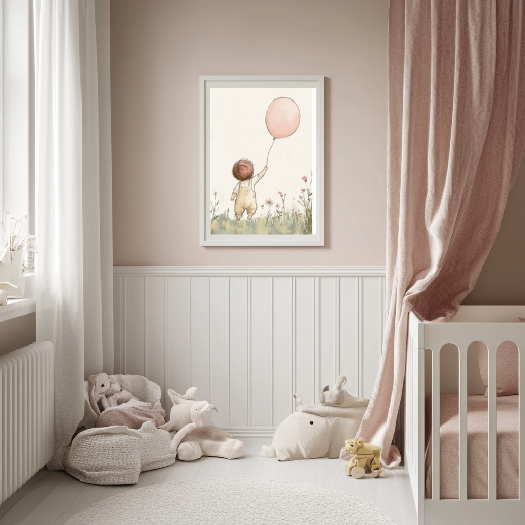 Little Explorer – Boy with Pink Balloon Nursery Wall Art Poster