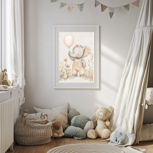 Blush Elephant with Balloon – Soft Safari Nursery Wall Art Poster