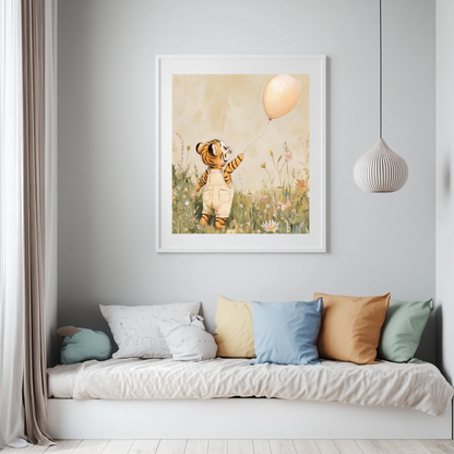 Chasing Light – Tiger Cub with Balloon Nursery Wall Art Poster