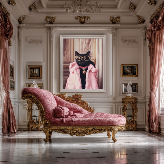 Miss Fortune – Black Cat in Pink Faux Fur Wall Art Poster