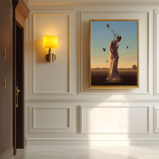 Becoming Light – Woman Dissolving into Butterflies Wall Art Poster