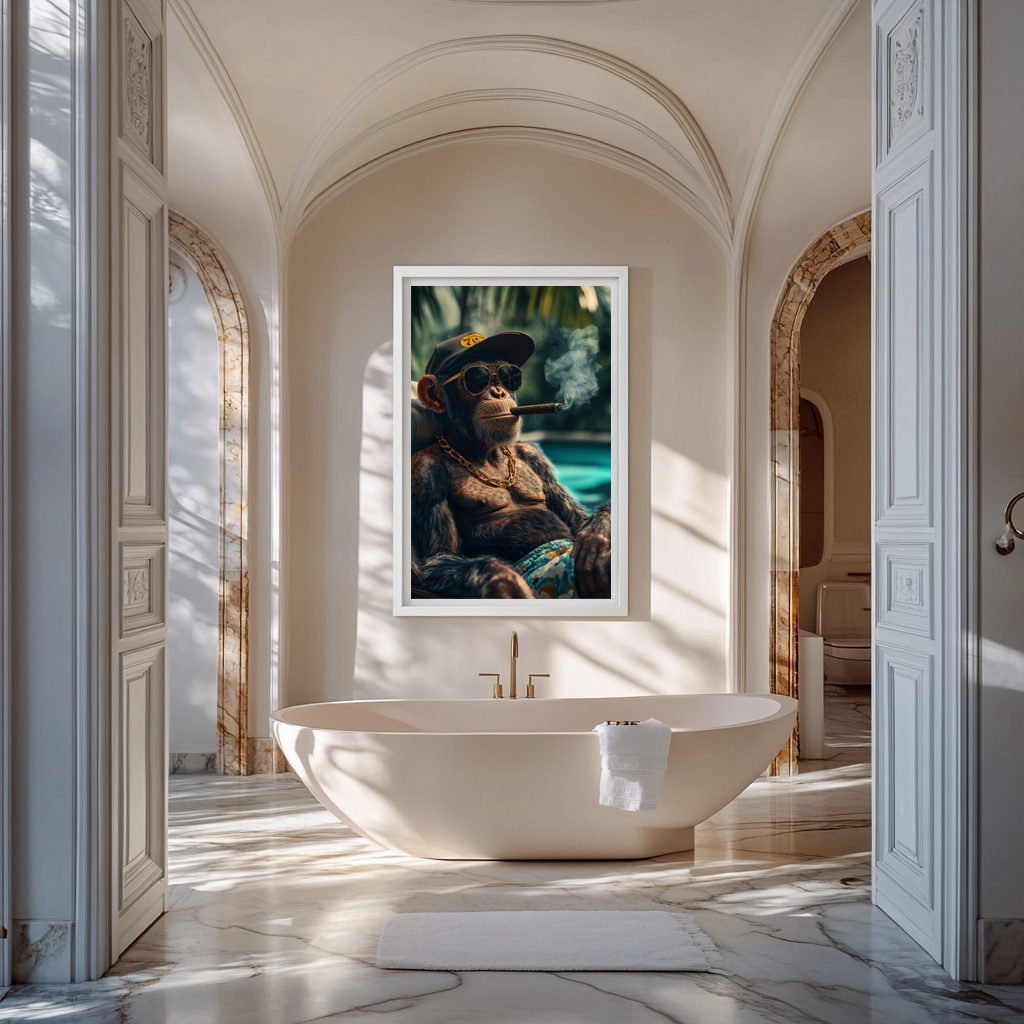 Banana Republic wall art poster – Alpha ape lounging poolside in luxury setting, bold surreal animal artwork for contemporary decor and statement spaces