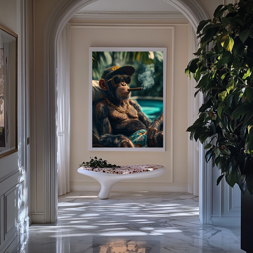 Banana Republic wall art poster – Alpha ape lounging poolside in luxury setting, bold surreal animal artwork for contemporary decor and statement spaces