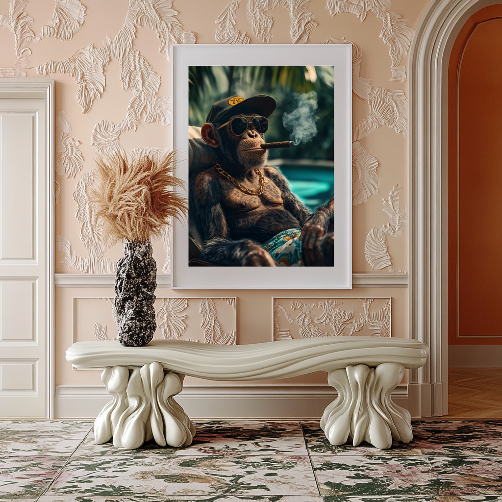 Banana Republic wall art poster – Alpha ape lounging poolside in luxury setting, bold surreal animal artwork for contemporary decor and statement spaces