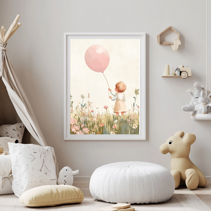 Blush Girl with Balloon – Floral Meadow Nursery Wall Art Poster