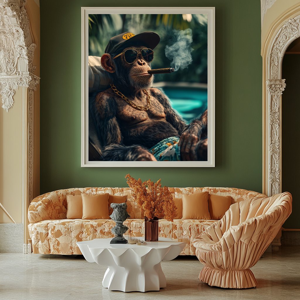 Banana Republic wall art poster – Alpha ape lounging poolside in luxury setting, bold surreal animal artwork for contemporary decor and statement spaces
