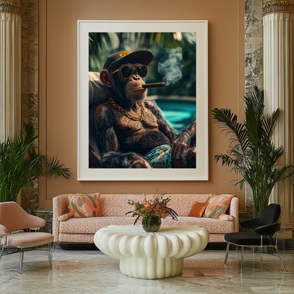 Banana Republic wall art poster – Alpha ape lounging poolside in luxury setting, bold surreal animal artwork for contemporary decor and statement spaces