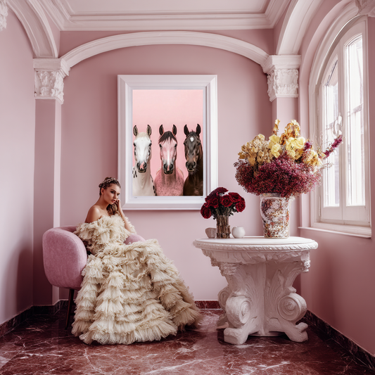 Pastel Herd – Trio of Horses Against Pink Wall Art Poster
