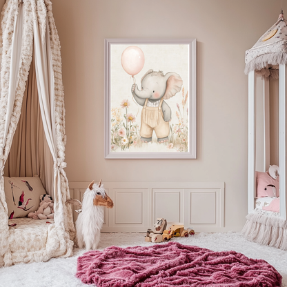 Blush Elephant with Balloon – Soft Safari Nursery Wall Art Poster
