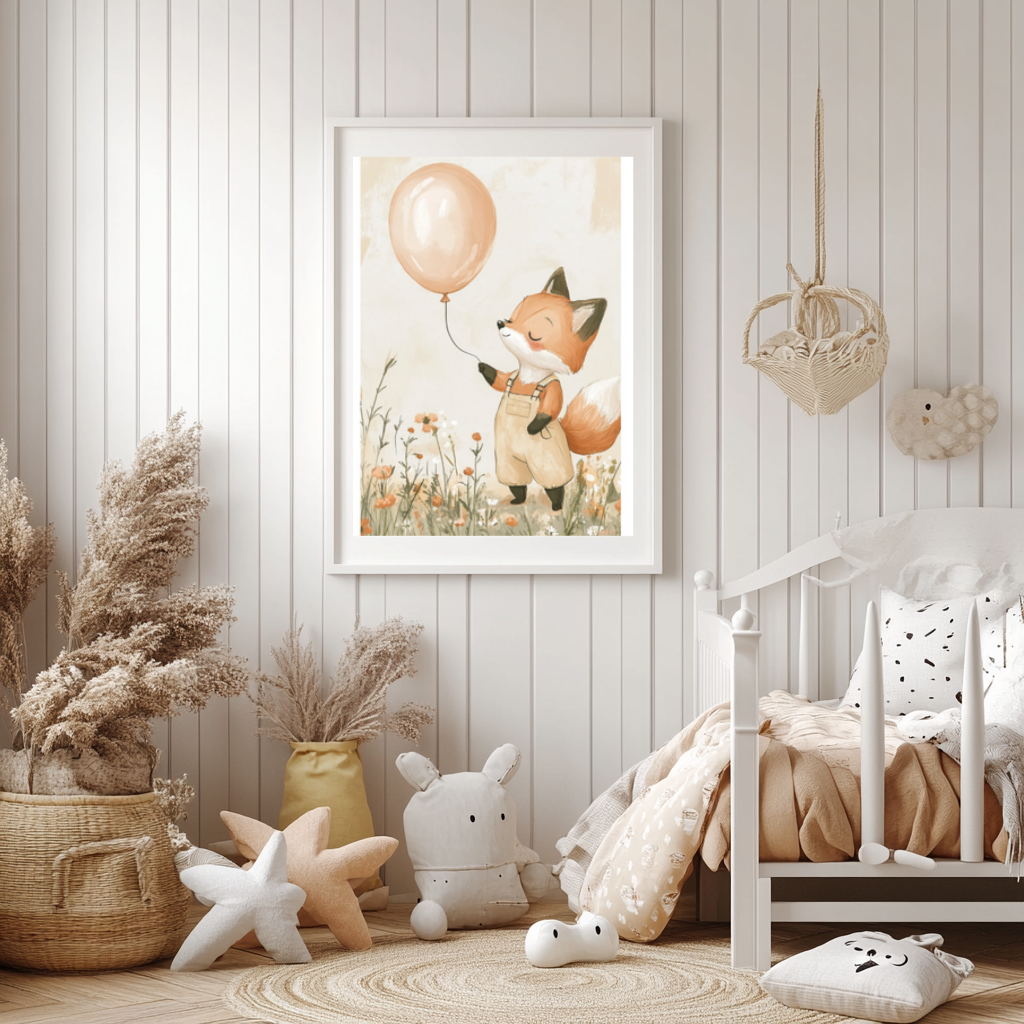 Fox with Balloon – Whimsical Nursery Wall Art for Kids Room