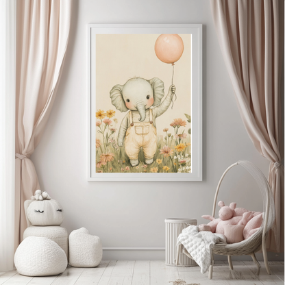 Playful Elephant – Pink Balloon Nursery Wall Art Poster