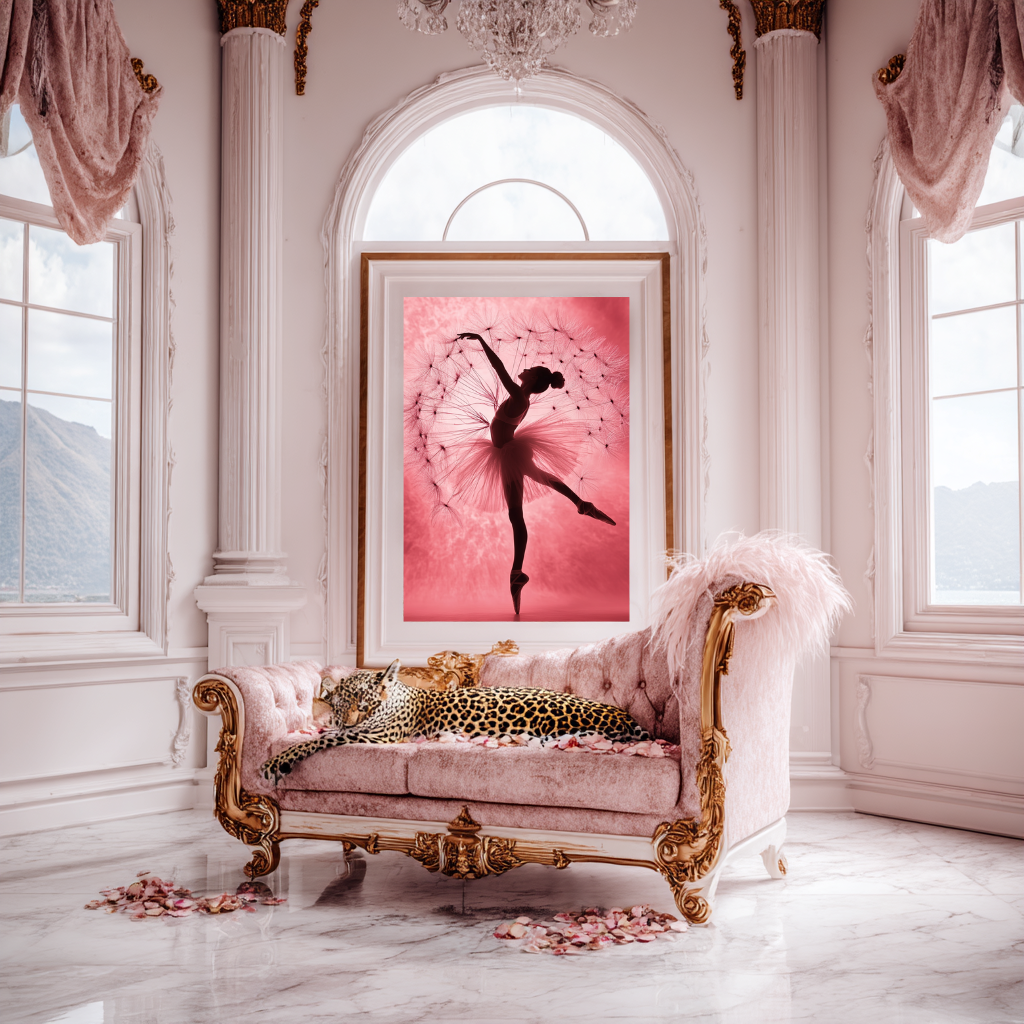Whisper Bloom wall art poster – Graceful ballerina surrounded by soft dandelion blooms, dreamy and delicate artwork for feminine and serene interiors