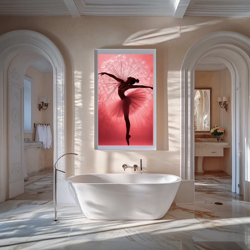 Dandelight wall art poster – Ethereal ballerina blooming into dandelions mid-motion, poetic artwork symbolizing transformation, grace, and lightness