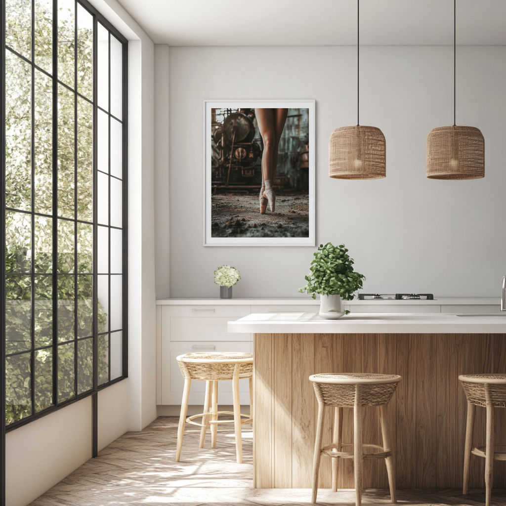 Steel Satin wall art poster – Ballerina poised in a setting of industrial decay, contrasting elegance and grit in a powerful, cinematic art composition