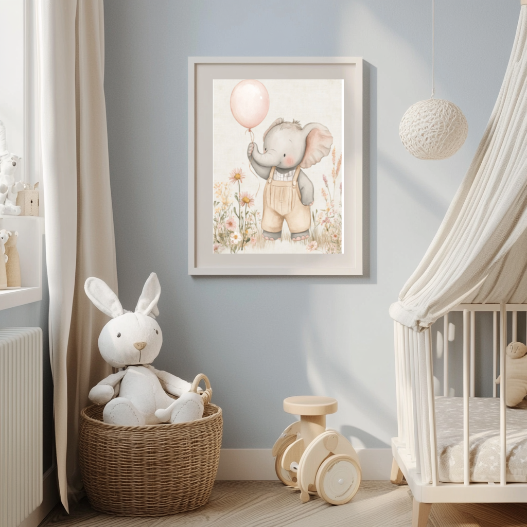 Blush Elephant with Balloon – Soft Safari Nursery Wall Art Poster