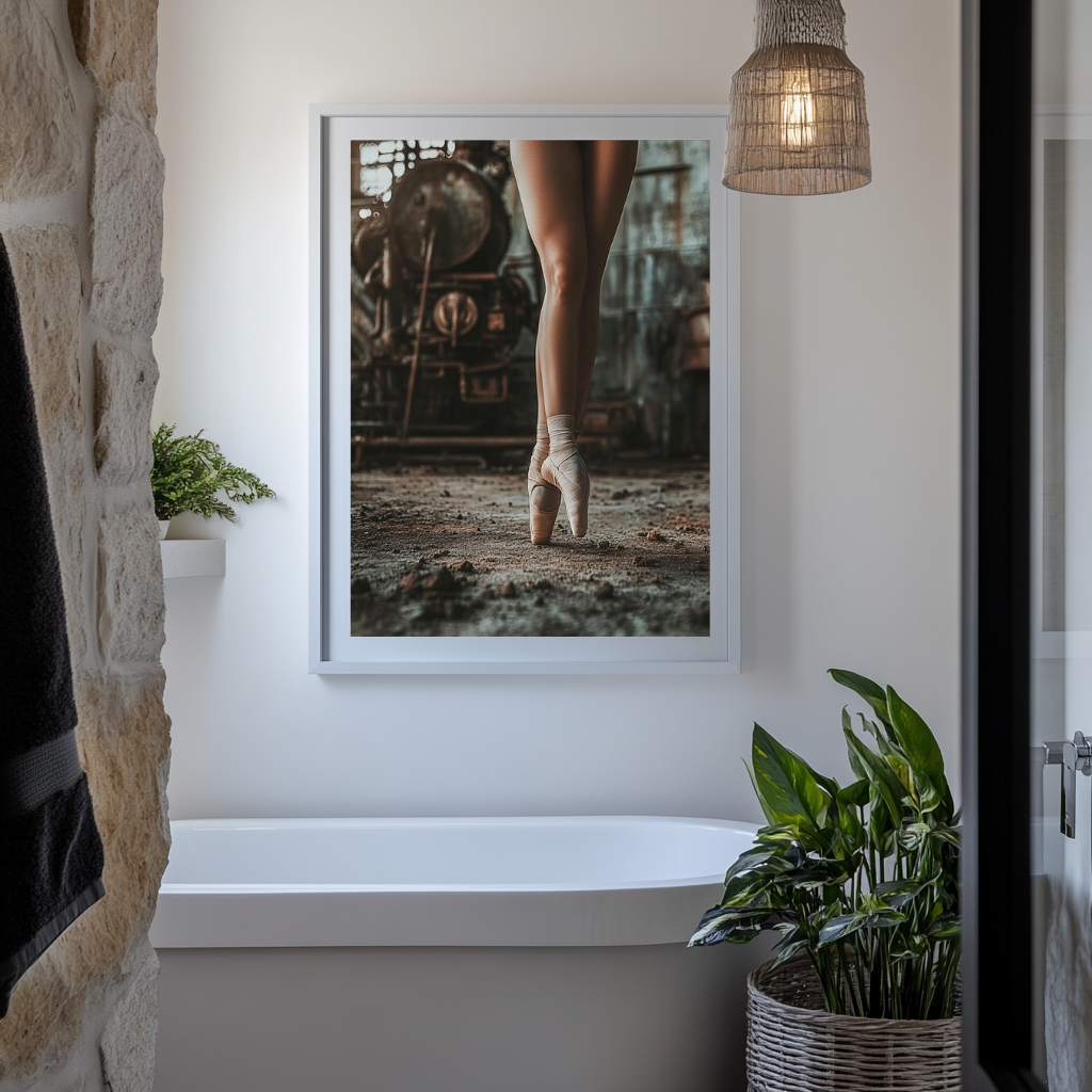 Steel Satin wall art poster – Ballerina poised in a setting of industrial decay, contrasting elegance and grit in a powerful, cinematic art composition